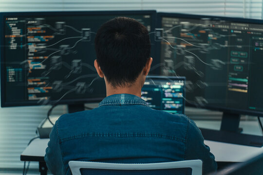 Software Developer Coding Artificial Intelligence Programs Across Multiple Monitors.