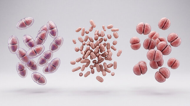 Microscopic 3D illustration showing different types of bacteria shapes, including cocci, bacilli and diplococci microorganisms for microbiology and medical science education background.