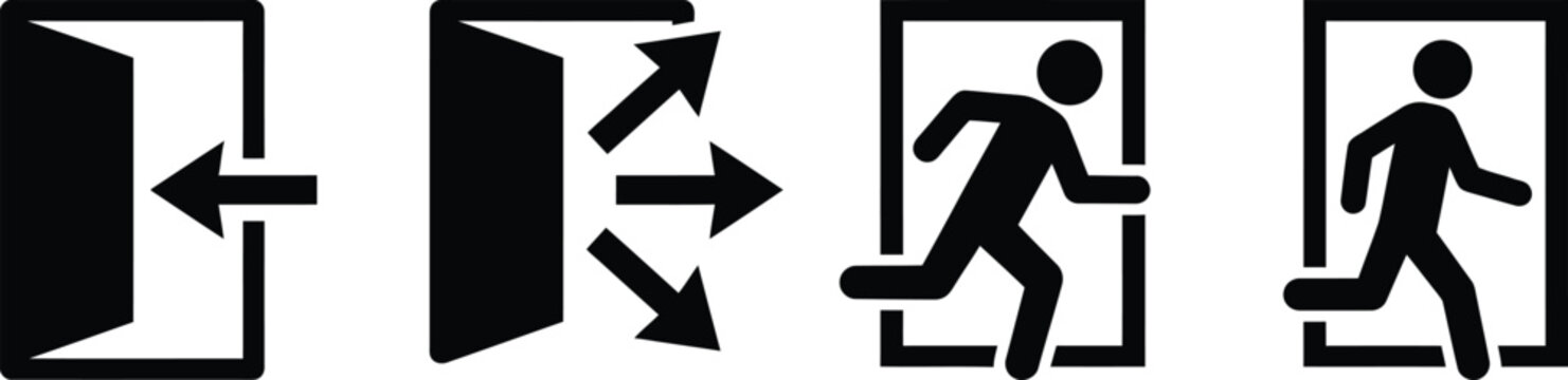 Emergency exit door and running person pictogram set with fire evacuation sign escape route panic icon collection
