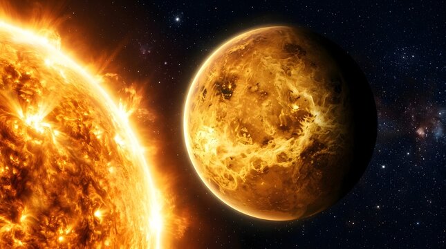 Planet Venus orbiting near the glowing sun in deep space