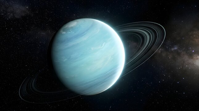 Pale blue planet Uranus with faint rings in deep space