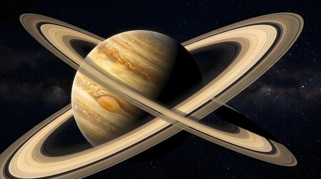 Saturn planet with detailed concentric rings viewed from a dramatic angle