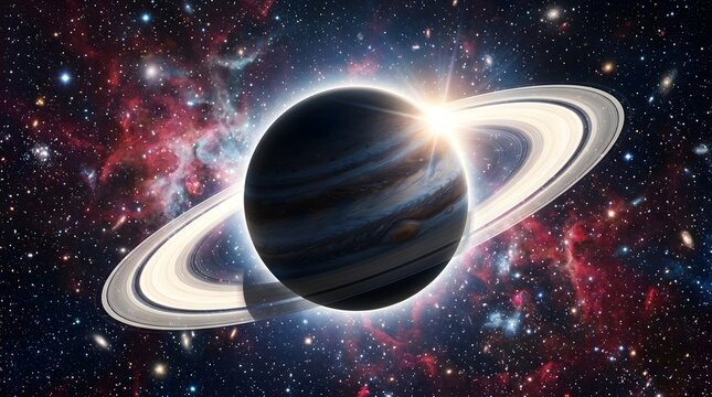 Massive exoplanet with bright rings and solar flare in deep space