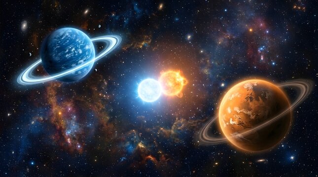 Two ringed planets orbiting a luminous binary star system in deep space