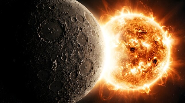 Mercury planet orbiting close to the burning sun in deep space
