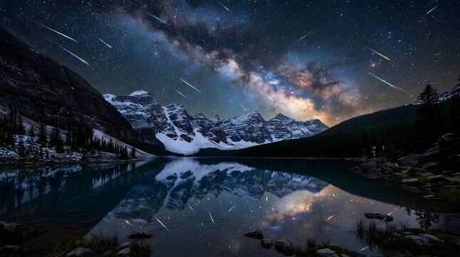 Meteor shower over moraine lake and snowy mountains