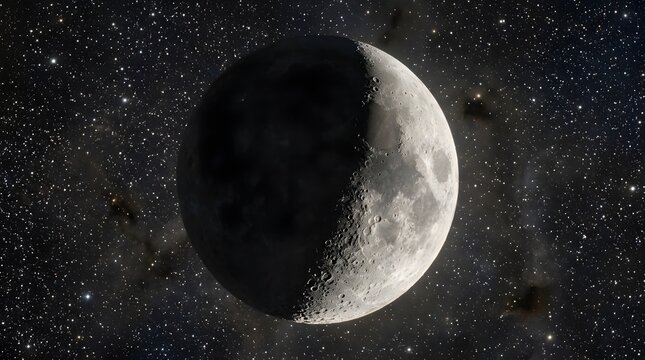 Detailed crescent moon with visible craters against a starry night sky