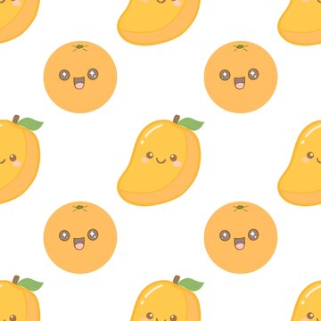 Cute cartoon mango and orange fruits seamless pattern background.