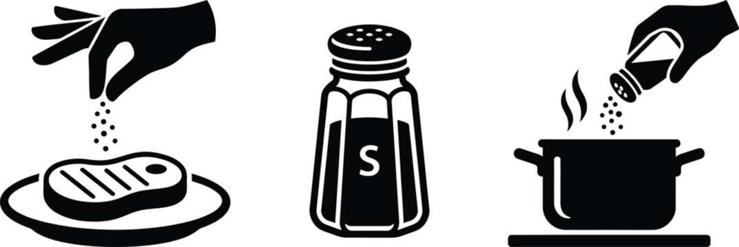 Seasoning food with salt shaker and pepper mill collection gastronomy restaurant ingredient monochrome isolated background