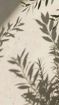 Minimalist background of natural plant leaves casting swaying shadows on a beige textured wall in sunlight