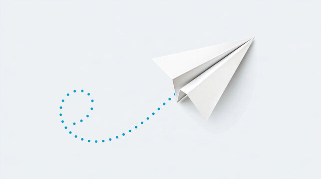 A white paper airplane flying against a white background with a dotted trail showing its curved path.