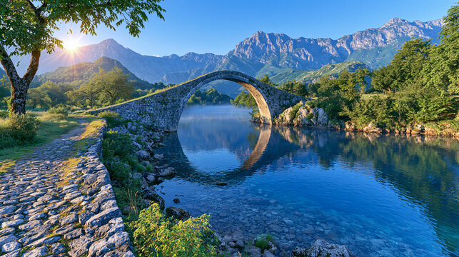 Stunning Stone Bridge Over Clear River Surrounded by Majestic Mountains at Sunrise