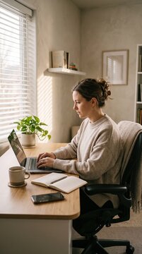 A young woman, sitting on the workdesk