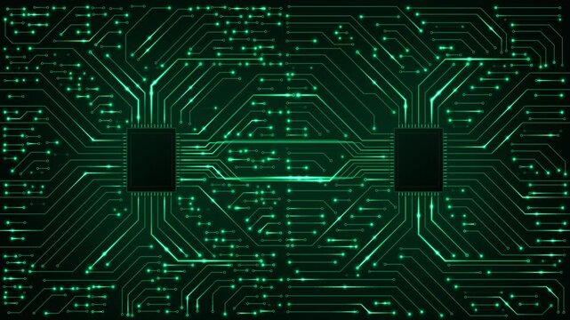 Dual Server Processor Bridge Streaming Emerald Green Data Pulses on Circuit Board 4K Seamless Loop Animated Background