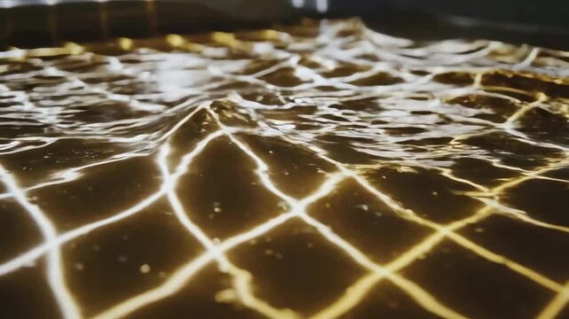 Glowing grid pattern projected onto liquid surface demonstrating spacetime curvature and gravitational waves physics concept through fluid dynamics experiment with ripples and waves in dark studio