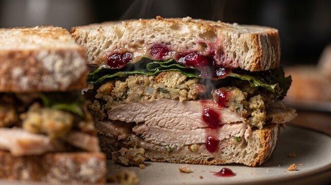 Turkey sandwich with stuffing and cranberry sauce on whole grain bread for Boxing Day