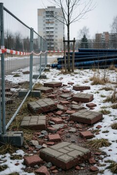 Damaged paving stones, broken bricks lie on ground near metal fence. Construction site with red white warning tape, snow patches. Urban street repair work sidewalk renovation needed in city during