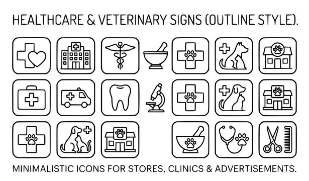 Healthcare and veterinary signs outline icons set with hospital, ambulance, tooth, microscope, pet, dog, cat, and clinic in minimalistic vector style