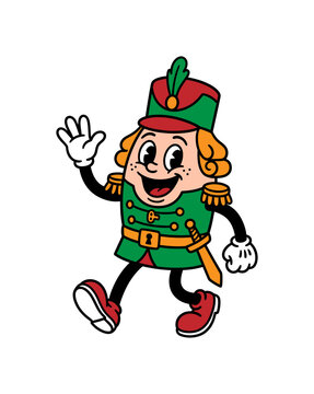 A cheerful cartoon nutcracker character wearing a green uniform and hat waving his hand in a retro animation style isolated on white.