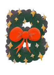 Christmas wreath-themed 'B' Uppercase characters with decorative stars and a bow in a watercolor style. © Reyanaska