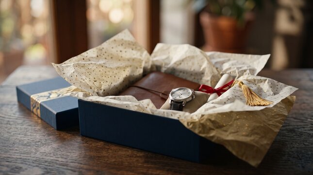Elegant graduation gift box with leather journal watch and diploma