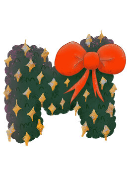 Christmas wreath-themed 'M' Uppercase characters with decorative stars and a bow in a watercolor style.