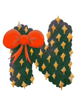 Christmas wreath-themed 'N' Uppercase characters with decorative stars and a bow in a watercolor style.