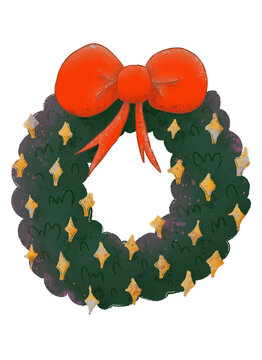 Christmas wreath-themed 'O' Uppercase characters with decorative stars and a bow in a watercolor style.