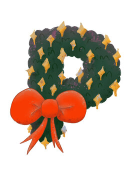 Christmas wreath-themed 'P' Uppercase characters with decorative stars and a bow in a watercolor style.
