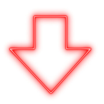 Neon glowing downward arrow icon, Bright red glowing downward arrow icon on a transparent background, symbolizing download, decrease, decline, direction, or navigation.