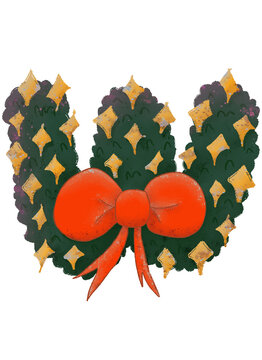 Christmas wreath-themed 'W' Uppercase characters with decorative stars and a bow in a watercolor style.