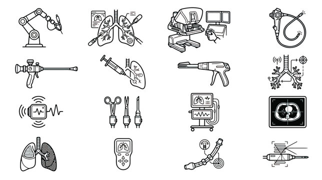 Robotic Surgery Medical Icons Set, Advanced Pulmonology Equipment Line Art Vectors, Healthcare Technology Symbols
