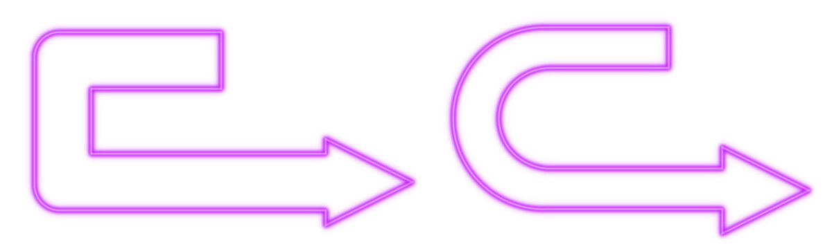 Purple arrow corner curve turn right neon light set object set elements isolated on white background