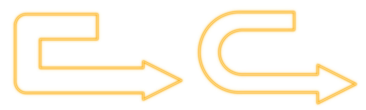 Yellow arrow corner curve turn right neon light set object set elements isolated on white background