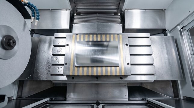 Machined steel plate on grinder.