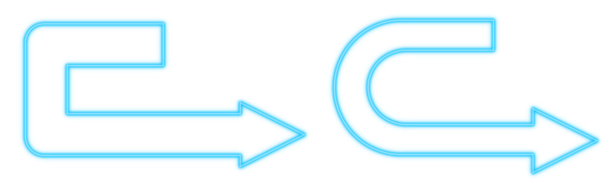 Blue cyan arrow corner curve turn right neon light set object set elements isolated on white background