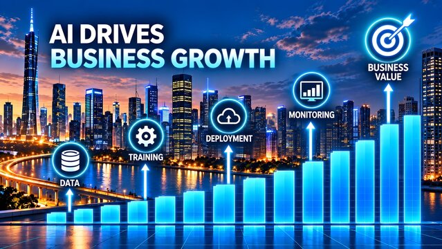 Artificial intelligence business growth strategy connecting data training deployment monitoring and measurable enterprise value