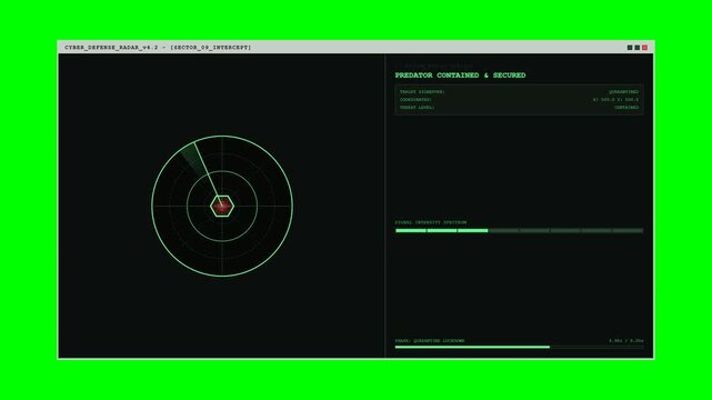 A retro computer radar detects and tracks a hostile pixel-art digital creature before capturing it inside a futuristic containment field. Green screen.