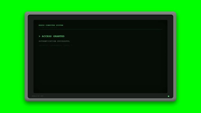 A vintage computer terminal displays a classic login sequence with a blinking block cursor, username typing, masked password entry, authentication mes.