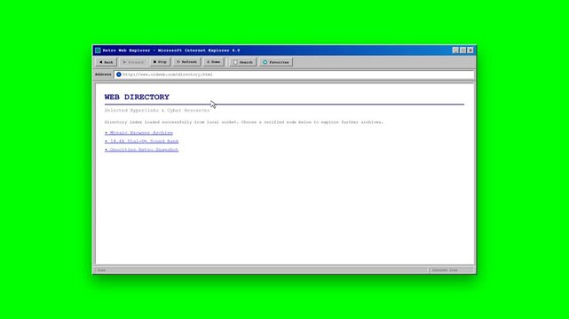 A nostalgic 1990s-style web browser animation featuring classic navigation buttons, address bar, website loading, retro HTML content, hyperlink intera.