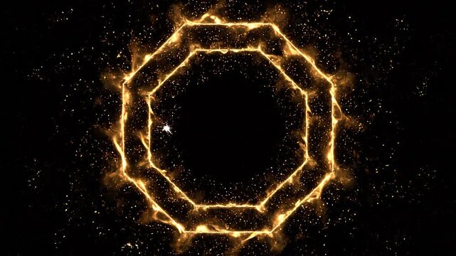 Abstract Fiery Octagon Frame with Burning Particles on Black Background.