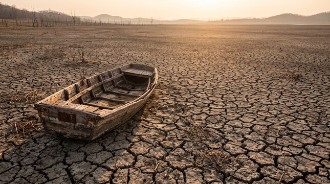 Small Empty Rowboat on Dried Cracked Lakebed: a small empty wooden rowboat lying on a dried cracked lakebed, warm low sun, melancholic mood