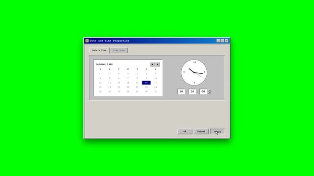 An authentic 1990s retro desktop system settings animation featuring a classic Date and Time Properties window with 3D bevel borders, October 1998 mon.