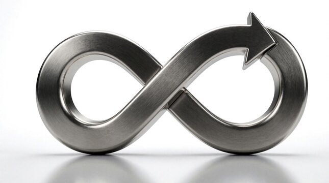 Metallic infinity symbol with arrows represents circular economy concept. Silver 3D loop shows continuous recycling process, sustainable resource management. Modern metal icon endless green growth,