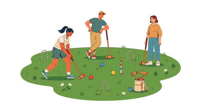 Diverse friends playing croquet game together on green lawn outdoors