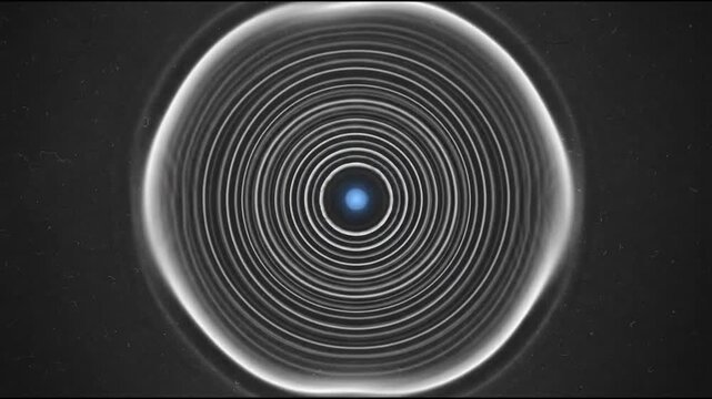 Glowing blue light emitting concentric circular sound waves expanding outward rapidly across dark textured background with vintage scratches