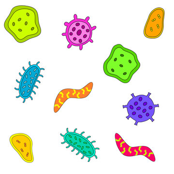 Colorful cartoon cell, microbe and bacteria vector illustration set with various cute virus, amoeba, and germ characters isolated on a transparent background.
