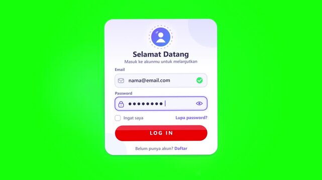 Indonesian user login form animation on green screen background