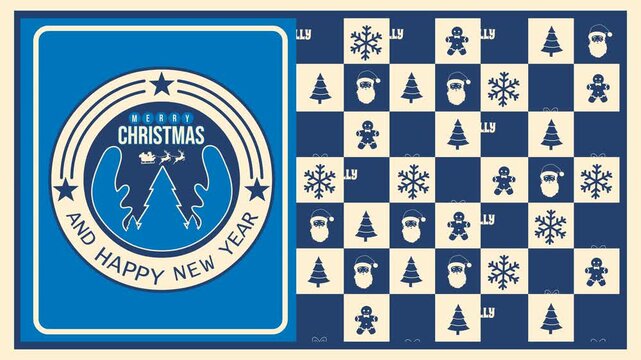 4K retro Christmas loop: blue circular emblem badge beside a blue and cream checkered pattern of holiday icons. Ideal backdrop for festive video intros, seasonal promos, and ads.