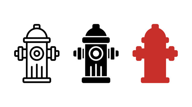 Set of three fire hydrant vector icons in outline solid and silhouette styles